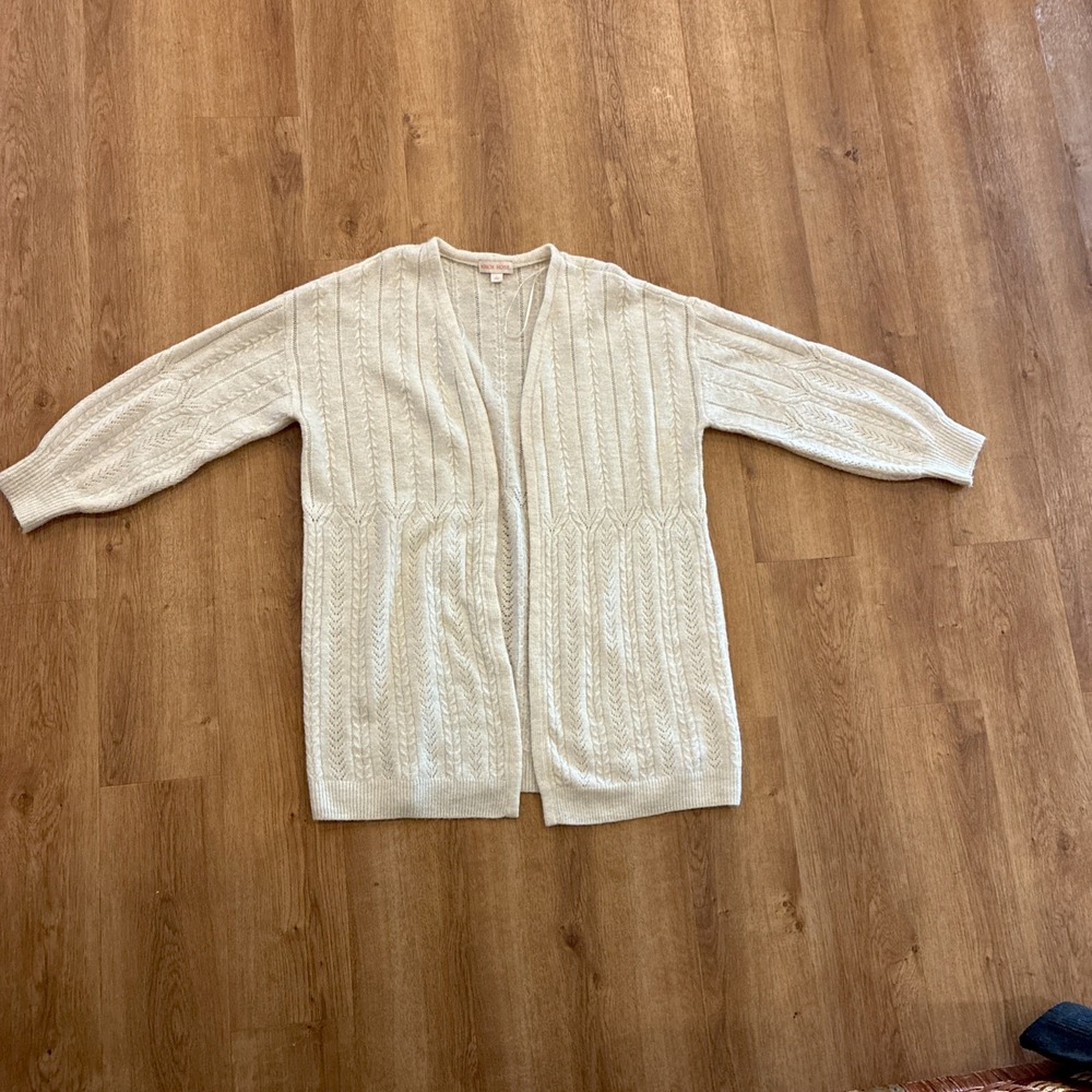 Knox Rose‎ boho soft flowy crochet open knit beige open front cardigan size L
